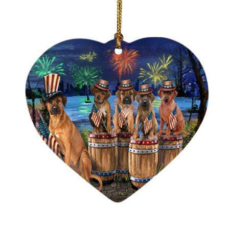 4th of July Independence Day Fireworks Rhodesian Ridgebacks at the Lake Heart Christmas Ornament HPOR51049