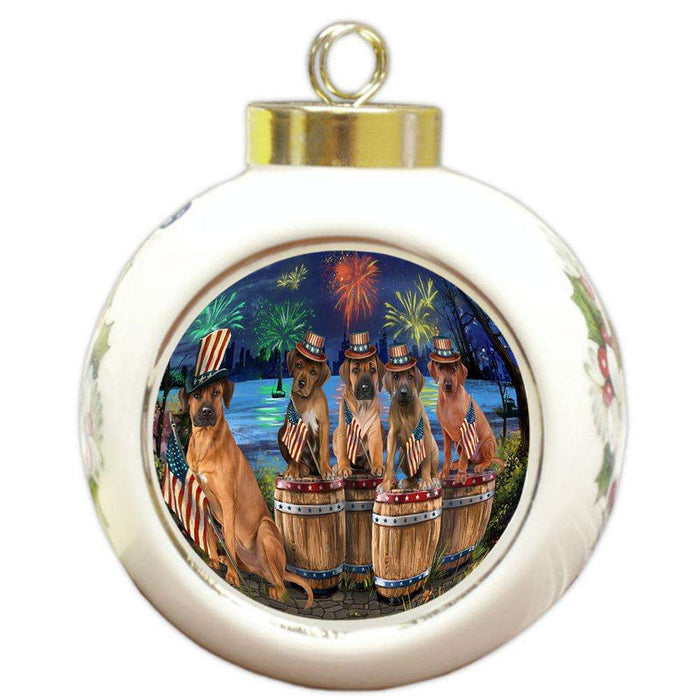 4th of July Independence Day Fireworks Rhodesian Ridgebacks at the Lake Round Ball Christmas Ornament RBPOR51049