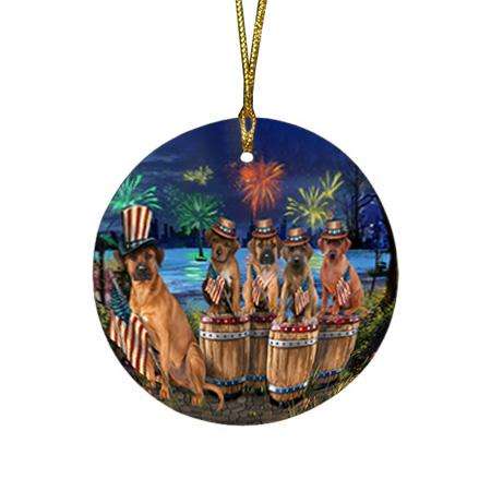 4th of July Independence Day Fireworks Rhodesian Ridgebacks at the Lake Round Flat Christmas Ornament RFPOR51040