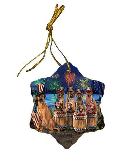 4th of July Independence Day Fireworks Rhodesian Ridgebacks at the Lake Star Porcelain Ornament SPOR51041