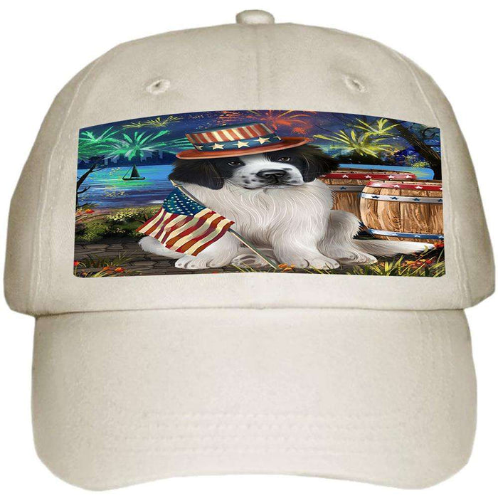 4th of July Independence Day Fireworks Saint Bernard Dog at the Lake Ball Hat Cap HAT56712