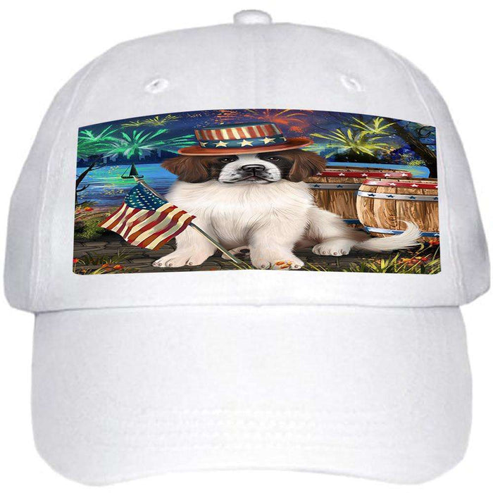 4th of July Independence Day Fireworks Saint Bernard Dog at the Lake Ball Hat Cap HAT56715