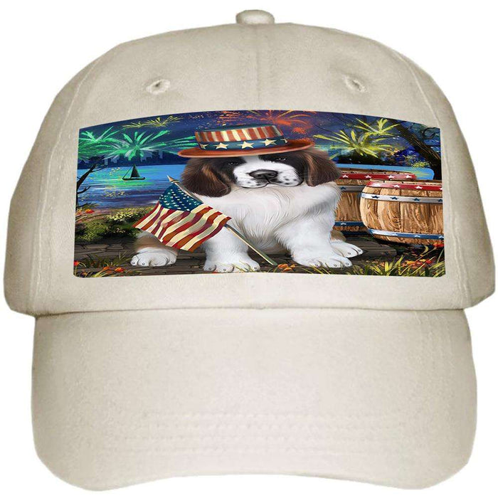 4th of July Independence Day Fireworks Saint Bernard Dog at the Lake Ball Hat Cap HAT56718