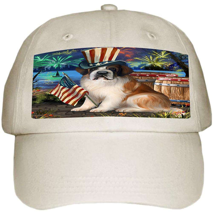 4th of July Independence Day Fireworks Saint Bernard Dog at the Lake Ball Hat Cap HAT56721