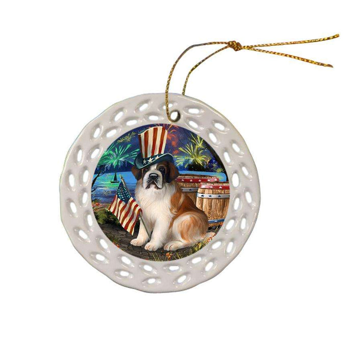 4th of July Independence Day Fireworks Saint Bernard Dog at the Lake Ceramic Doily Ornament DPOR50996