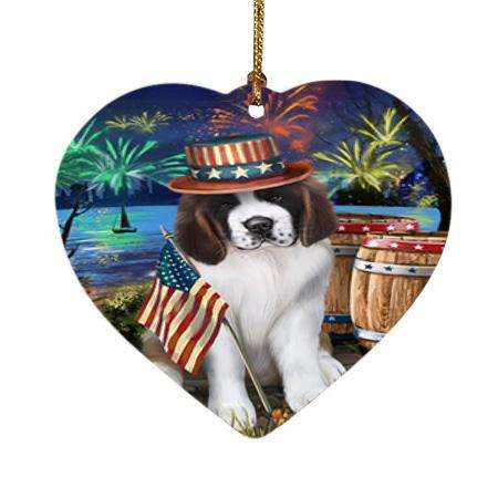 4th of July Independence Day Fireworks Saint Bernard Dog at the Lake Heart Christmas Ornament HPOR50995