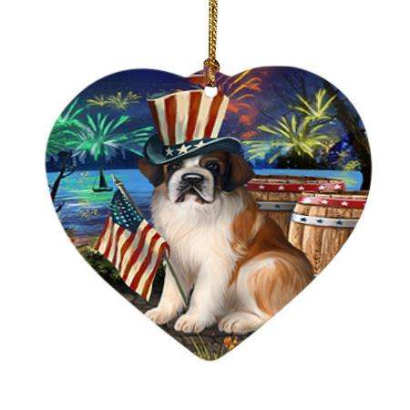 4th of July Independence Day Fireworks Saint Bernard Dog at the Lake Heart Christmas Ornament HPOR50996