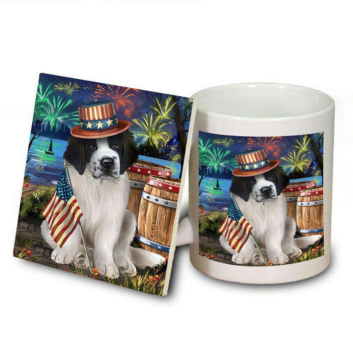 4th of July Independence Day Fireworks Saint Bernard Dog at the Lake Mug and Coaster Set MUC50985