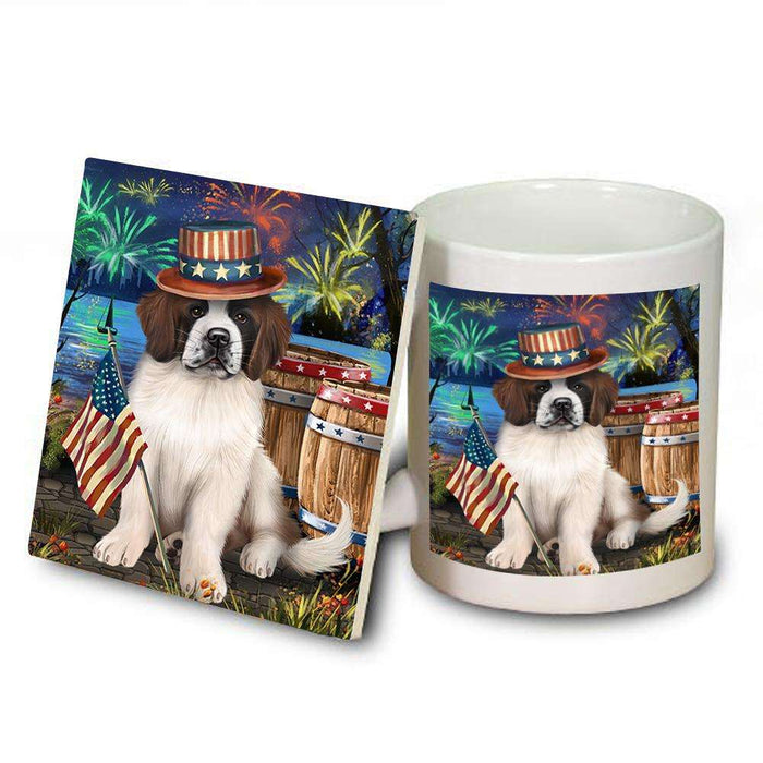 4th of July Independence Day Fireworks Saint Bernard Dog at the Lake Mug and Coaster Set MUC50986