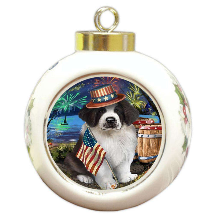 4th of July Independence Day Fireworks Saint Bernard Dog at the Lake Round Ball Christmas Ornament RBPOR50992