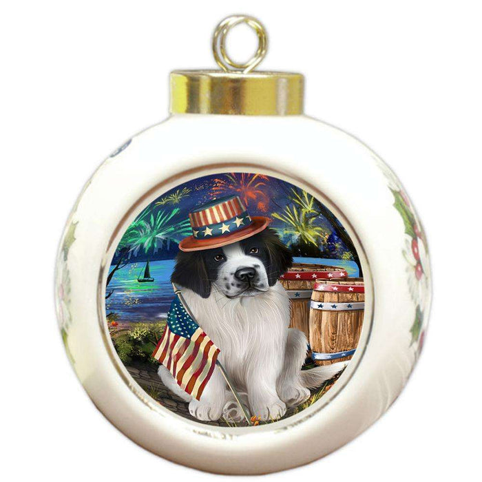 4th of July Independence Day Fireworks Saint Bernard Dog at the Lake Round Ball Christmas Ornament RBPOR50993