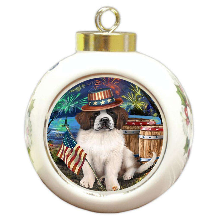4th of July Independence Day Fireworks Saint Bernard Dog at the Lake Round Ball Christmas Ornament RBPOR50994