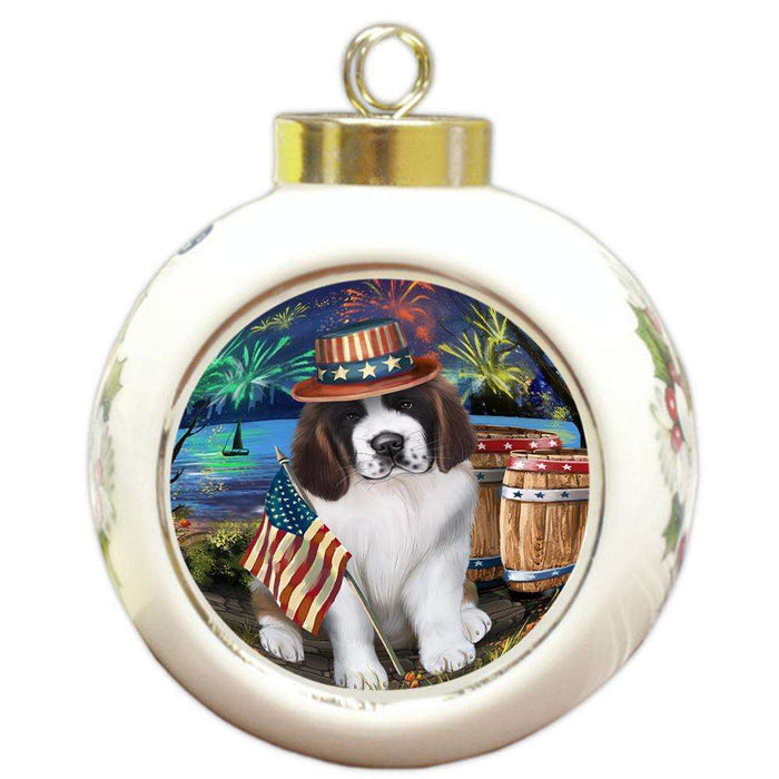 4th of July Independence Day Fireworks Saint Bernard Dog at the Lake Round Ball Christmas Ornament RBPOR50995