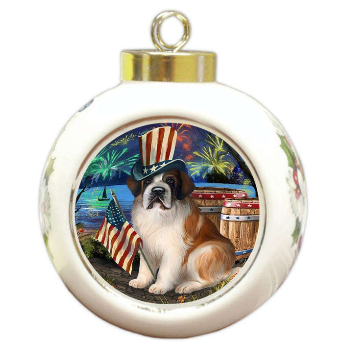 4th of July Independence Day Fireworks Saint Bernard Dog at the Lake Round Ball Christmas Ornament RBPOR50996