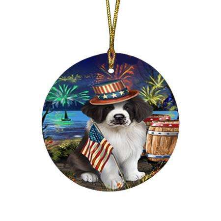 4th of July Independence Day Fireworks Saint Bernard Dog at the Lake Round Flat Christmas Ornament RFPOR50983