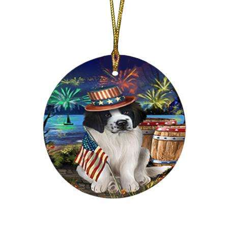 4th of July Independence Day Fireworks Saint Bernard Dog at the Lake Round Flat Christmas Ornament RFPOR50984