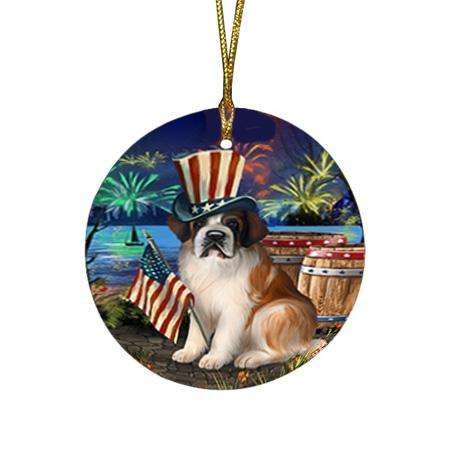 4th of July Independence Day Fireworks Saint Bernard Dog at the Lake Round Flat Christmas Ornament RFPOR50987