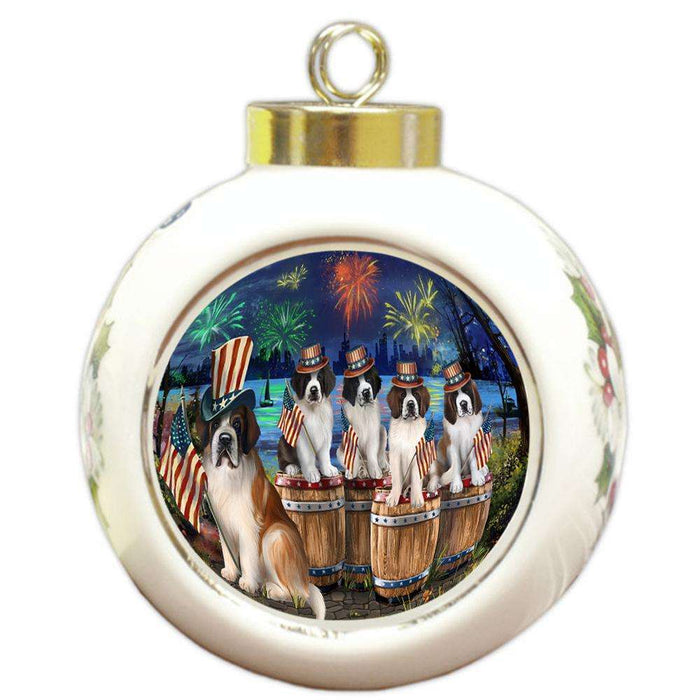 4th of July Independence Day Fireworks Saint Bernards at the Lake Round Ball Christmas Ornament RBPOR51050