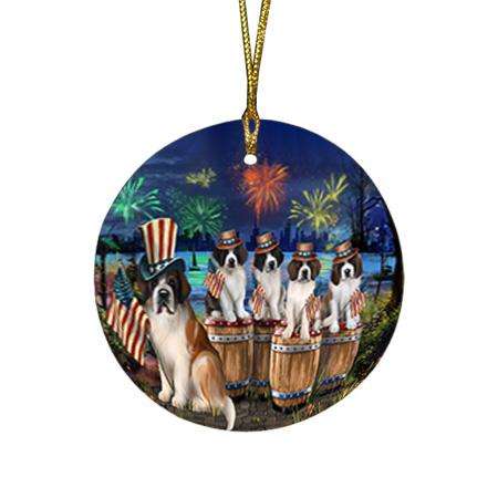 4th of July Independence Day Fireworks Saint Bernards at the Lake Round Flat Christmas Ornament RFPOR51041