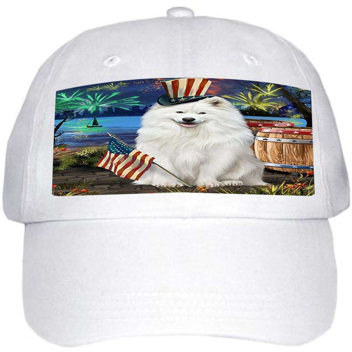 4th of July Independence Day Fireworks Samoyed Dog at the Lake Ball Hat Cap HAT57372