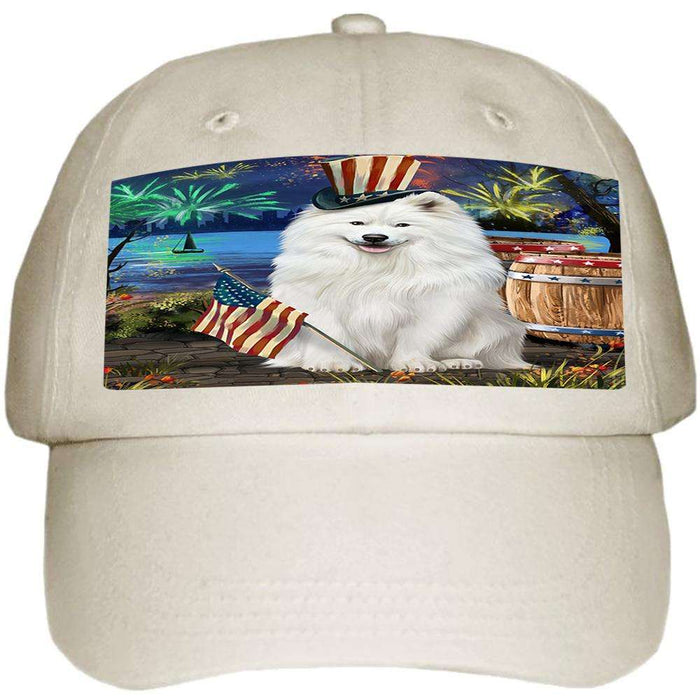 4th of July Independence Day Fireworks Samoyed Dog at the Lake Ball Hat Cap HAT57372