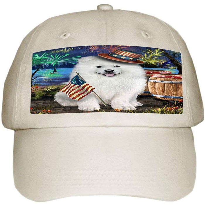 4th of July Independence Day Fireworks Samoyed Dog at the Lake Ball Hat Cap HAT57375