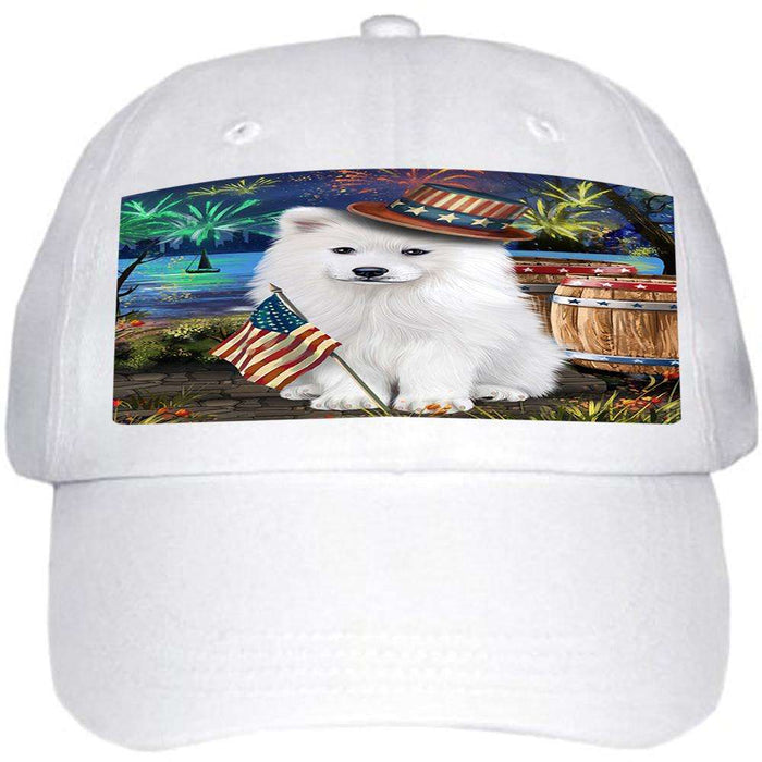 4th of July Independence Day Fireworks Samoyed Dog at the Lake Ball Hat Cap HAT57378