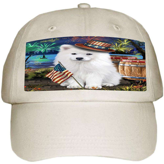 4th of July Independence Day Fireworks Samoyed Dog at the Lake Ball Hat Cap HAT57378