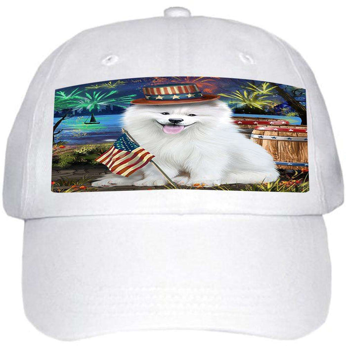 4th of July Independence Day Fireworks Samoyed Dog at the Lake Ball Hat Cap HAT57381