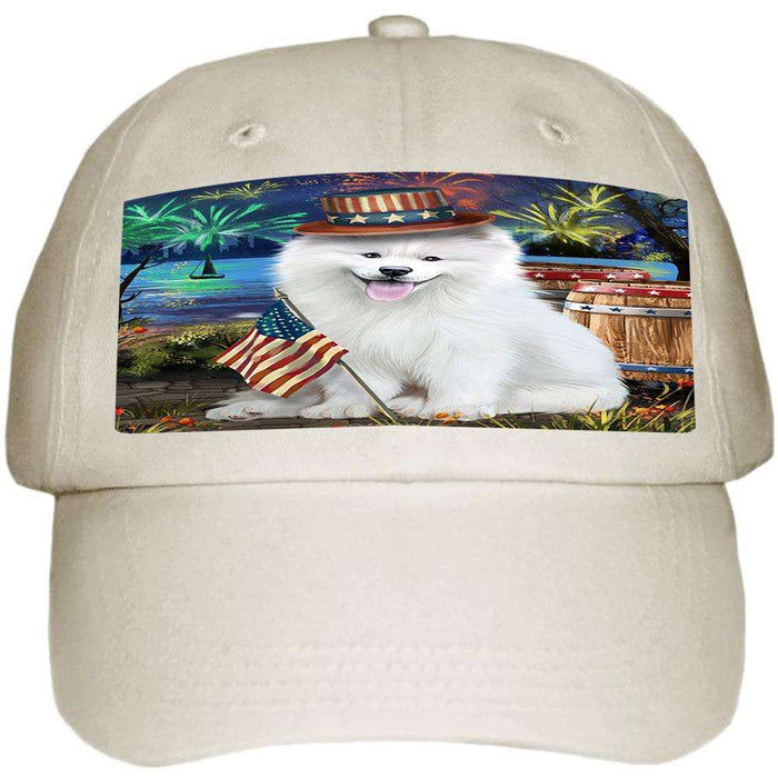 4th of July Independence Day Fireworks Samoyed Dog at the Lake Ball Hat Cap HAT57381