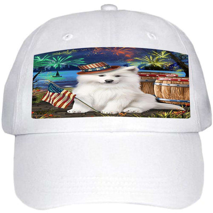 4th of July Independence Day Fireworks Samoyed Dog at the Lake Ball Hat Cap HAT57384