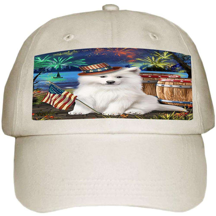 4th of July Independence Day Fireworks Samoyed Dog at the Lake Ball Hat Cap HAT57384