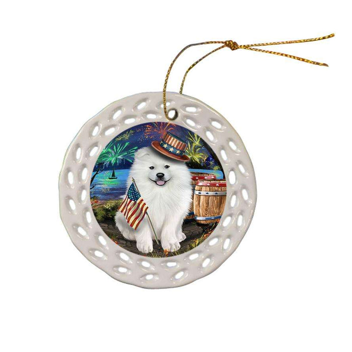 4th of July Independence Day Fireworks Samoyed Dog at the Lake Ceramic Doily Ornament DPOR51214