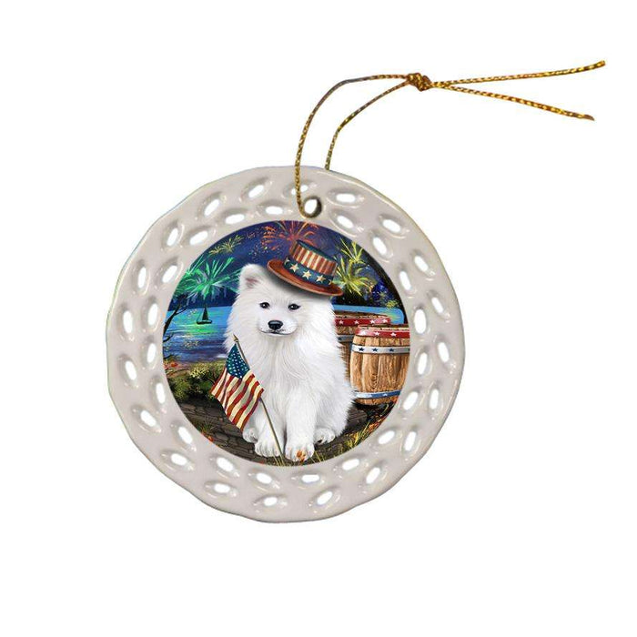 4th of July Independence Day Fireworks Samoyed Dog at the Lake Ceramic Doily Ornament DPOR51215