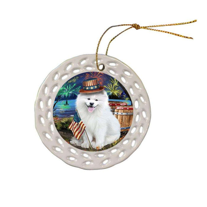 4th of July Independence Day Fireworks Samoyed Dog at the Lake Ceramic Doily Ornament DPOR51216