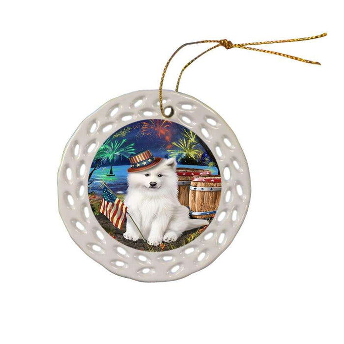 4th of July Independence Day Fireworks Samoyed Dog at the Lake Ceramic Doily Ornament DPOR51217