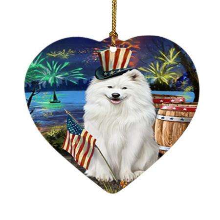 4th of July Independence Day Fireworks Samoyed Dog at the Lake Heart Christmas Ornament HPOR51213