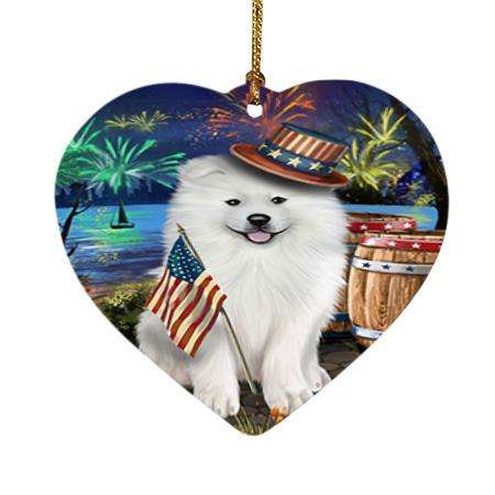 4th of July Independence Day Fireworks Samoyed Dog at the Lake Heart Christmas Ornament HPOR51214