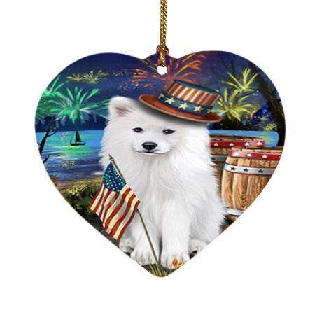 4th of July Independence Day Fireworks Samoyed Dog at the Lake Heart Christmas Ornament HPOR51215