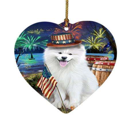 4th of July Independence Day Fireworks Samoyed Dog at the Lake Heart Christmas Ornament HPOR51216