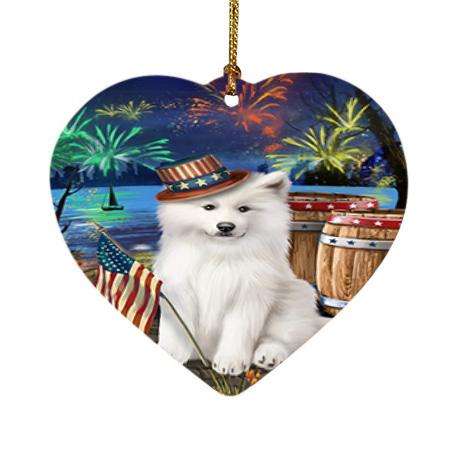 4th of July Independence Day Fireworks Samoyed Dog at the Lake Heart Christmas Ornament HPOR51217