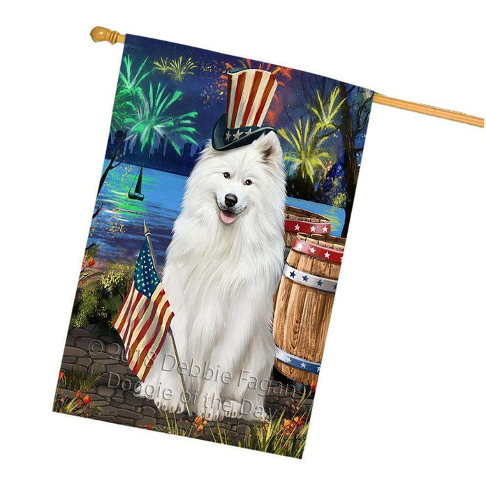 4th of July Independence Day Fireworks Samoyed Dog at the Lake House Flag FLG51271