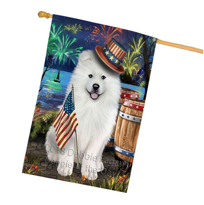 4th of July Independence Day Fireworks Samoyed Dog at the Lake House Flag FLG51272