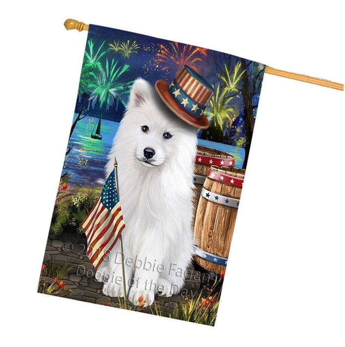 4th of July Independence Day Fireworks Samoyed Dog at the Lake House Flag FLG51273