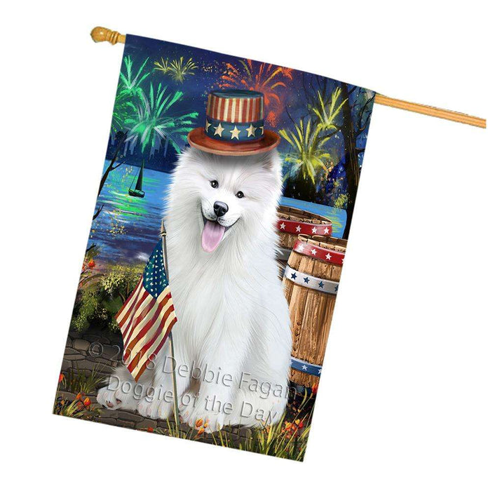 4th of July Independence Day Fireworks Samoyed Dog at the Lake House Flag FLG51274