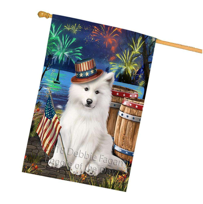 4th of July Independence Day Fireworks Samoyed Dog at the Lake House Flag FLG51275