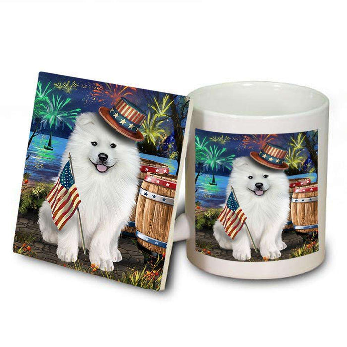 4th of July Independence Day Fireworks Samoyed Dog at the Lake Mug and Coaster Set MUC51206