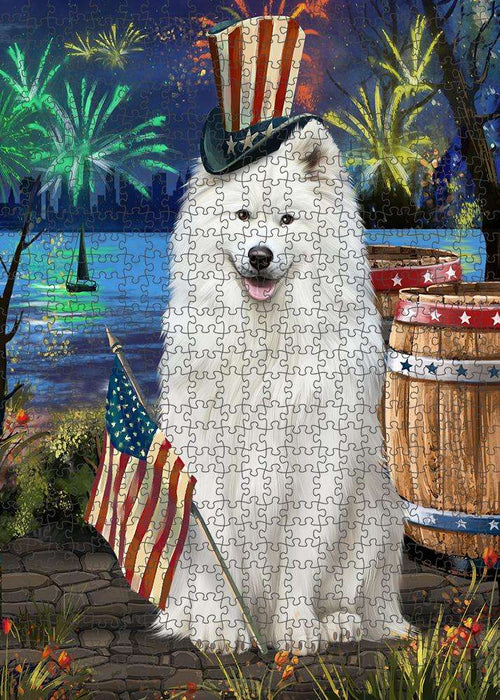 4th of July Independence Day Fireworks Samoyed Dog at the Lake Puzzle with Photo Tin PUZL57501