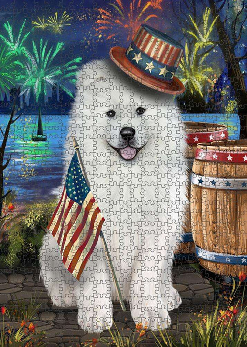 4th of July Independence Day Fireworks Samoyed Dog at the Lake Puzzle with Photo Tin PUZL57504