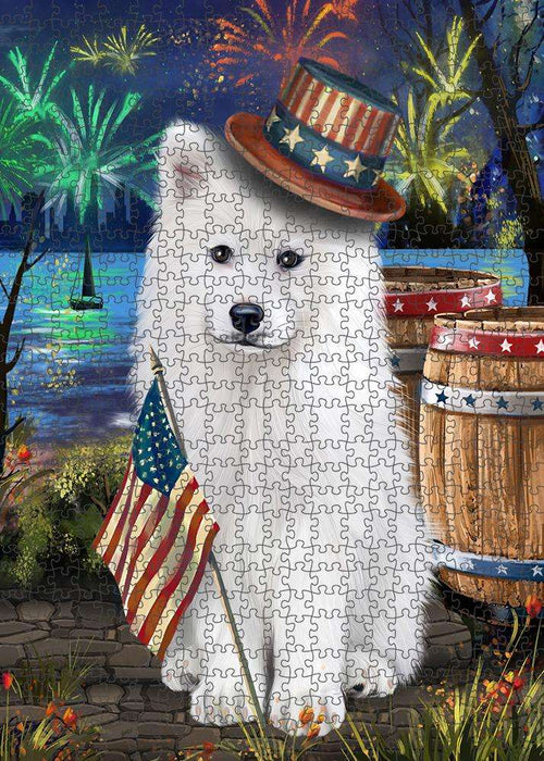 4th of July Independence Day Fireworks Samoyed Dog at the Lake Puzzle with Photo Tin PUZL57507